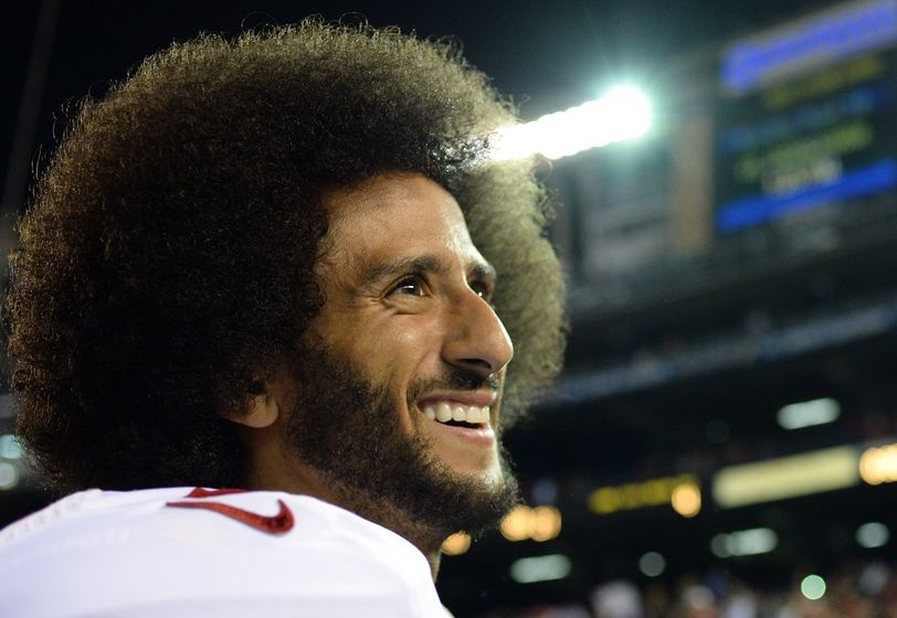 Sep 1, 2016; San Diego, CA, USA; 49ers quarterback Colin Kaepernick (7) smiles as he looks into the stands after the game against the San Diego Chargers at Qualcomm Stadium. Mandatory Credit: Jake Roth-USA TODAY Sports