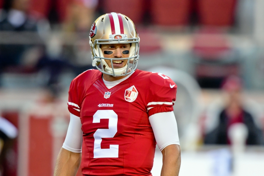 Sep 12, 2016; Santa Clara, CA, USA; San Francisco 49ers quarterback Blaine Gabbert (2) before an NFL game against the Los Angeles Rams at Levi's Stadium. Mandatory Credit: Kirby Lee-USA TODAY Sports