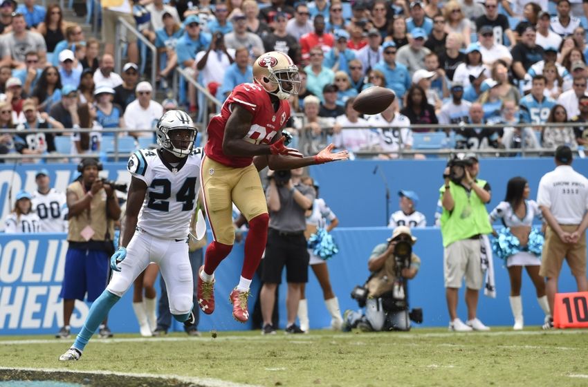 Sep 18, 2016; Charlotte, NC, USA; San Francisco 49ers wide receiver Torrey Smith (82) catches a touchdown as Carolina Panthers cornerback James Bradberry (24) defends in the second quarter at Bank of America Stadium. Mandatory Credit: Bob Donnan-USA TODAY Sports