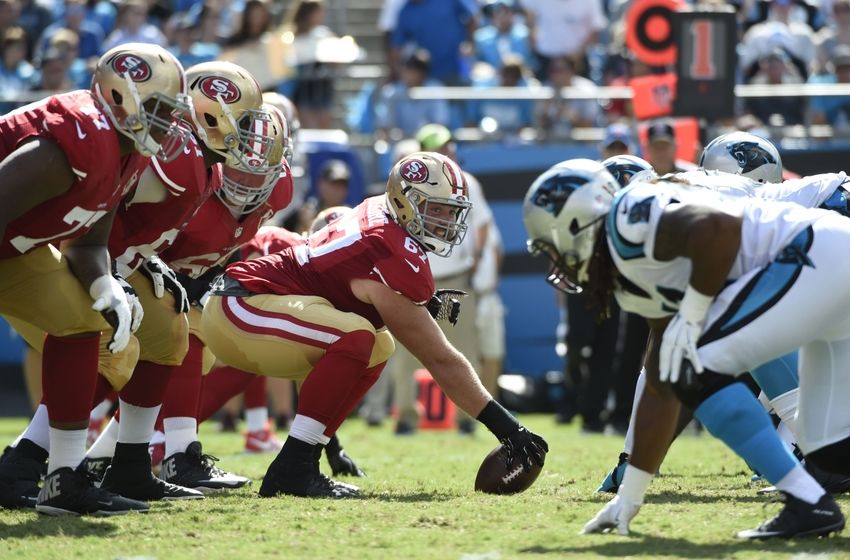 Sep 18, 2016; Charlotte, NC, USA; San Francisco 49ers center Daniel Kilgore (67) prepares to hike the ball in the third quarter. The Panthers defeated the 49ers 46-27 at Bank of America Stadium. Mandatory Credit: Bob Donnan-USA TODAY Sports