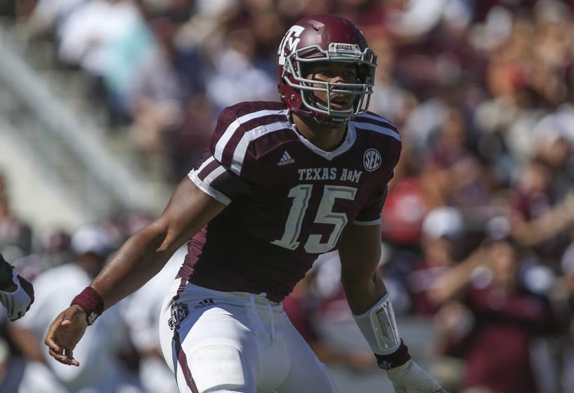 Sep 19, 2015; College Station, TX, USA; Texas A&M Aggies defensive lineman Myles Garrett (15) reacts after making a sack during the first quarter against the Nevada Wolf Pack at Kyle Field. Mandatory Credit: Troy Taormina-USA TODAY Sports