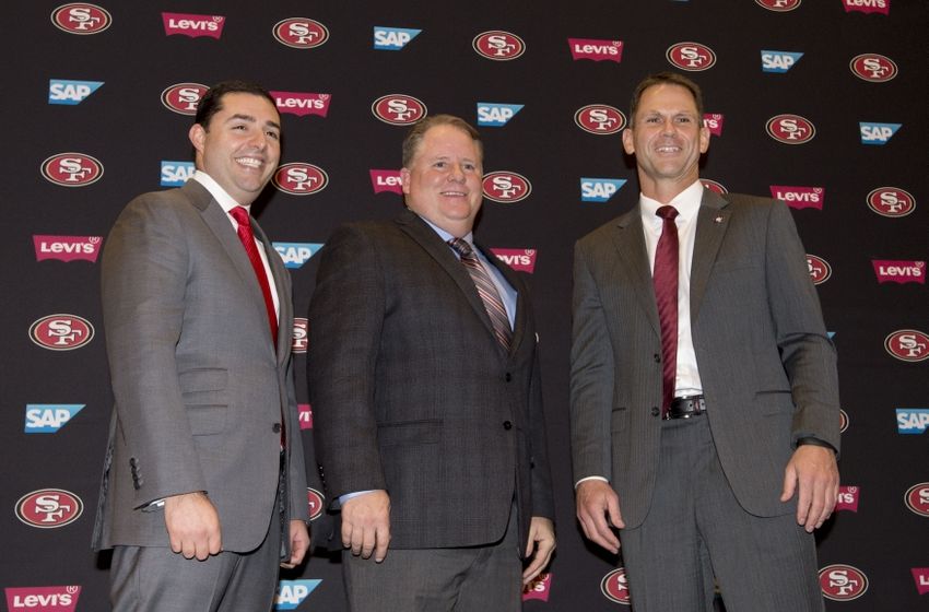 January 20, 2016; Santa Clara, CA, USA; San Francisco 49ers chief executive officer Jed York (left), Chip Kelly (center), and San Francisco 49ers general manager Trent Baalke (right) pose for a photo in a press conference after naming Kelly as the new head coach for the San Francisco 49ers at Levi's Stadium Auditorium. Mandatory Credit: Kyle Terada-USA TODAY Sports