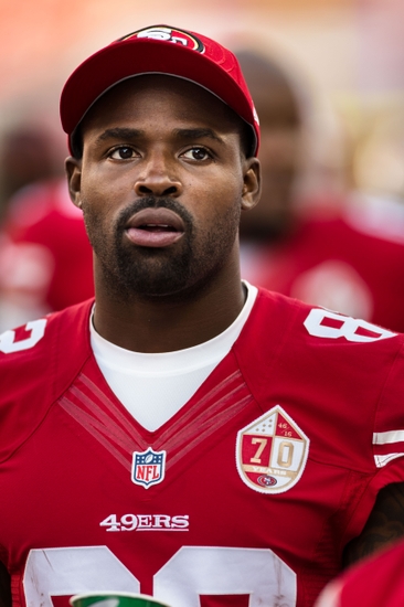 Aug 14, 2016; Santa Clara, CA, USA; San Francisco 49ers wide receiver Torrey Smith (82) watches the game against the Houston Texans in the third quarter at Levi's Stadium. Houston defeated San Francisco 24-13. Mandatory Credit: John Hefti-USA TODAY Sports