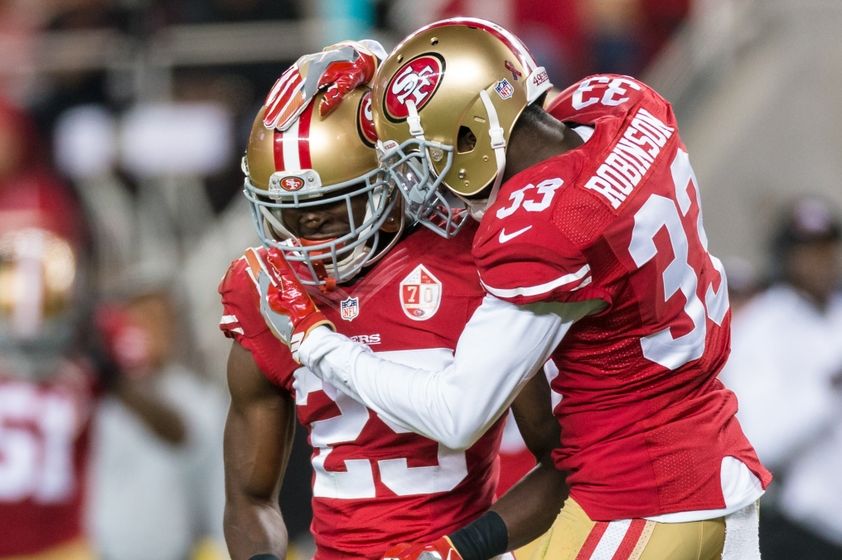 Sep 12, 2016; Santa Clara, CA, USA; San Francisco 49ers right cornerback Jimmie Ward (25) and cornerback Rashard Robinson (33) reacts in the game against the San Francisco 49ers. The 49ers won 28-0. Mandatory Credit: John Hefti-USA TODAY Sports