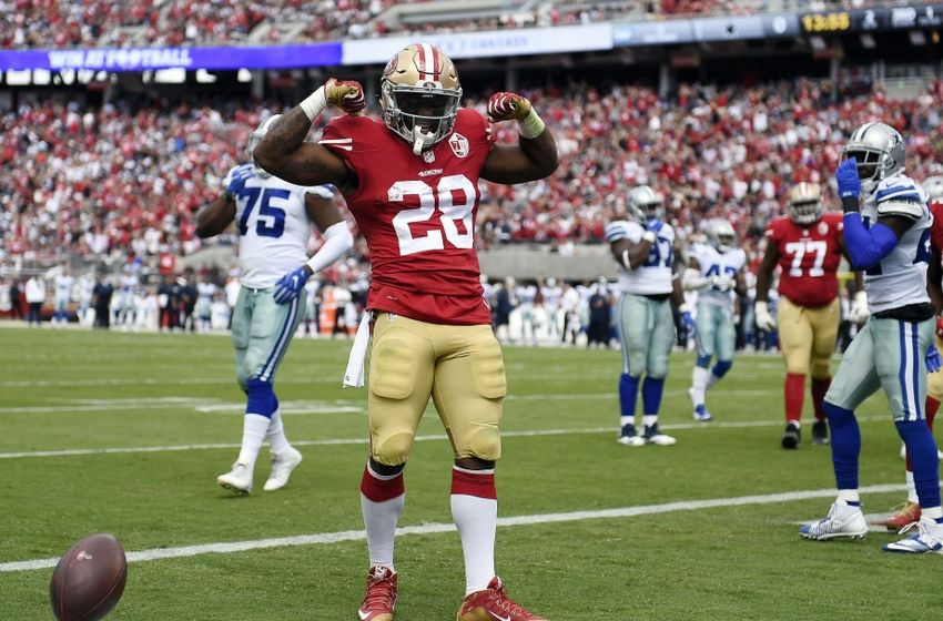 Oct 2, 2016; Santa Clara, CA, USA; San Francisco 49ers running back Carlos Hyde (28) celebrates after running in a touchdown during the second quarter vs Dallas.Mandatory Credit: Kelvin Kuo-USA TODAY Sports
