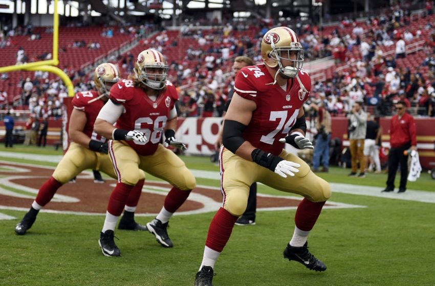 Oct 2, 2016; Santa Clara, CA, USA; San Francisco 49ers tackle Joe Staley (74) warms up with his team prior to the game against the Dallas Cowboys.Mandatory Credit: Kelvin Kuo-USA TODAY Sports