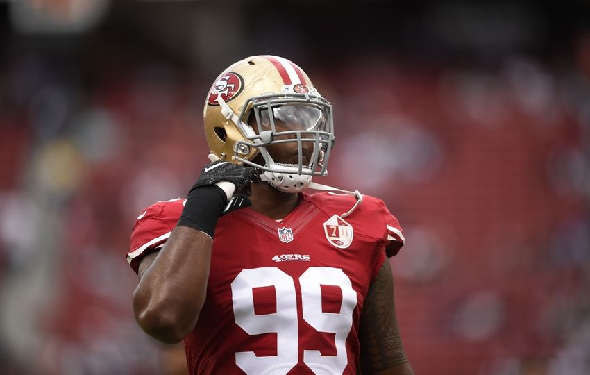 Oct 2, 2016; Santa Clara, CA, USA; San Francisco 49ers defensive lineman DeForest Buckner (99) warms up prior to the game against the Dallas Cowboys at Levi's Stadium. Mandatory Credit: Kelvin Kuo-USA TODAY Sports