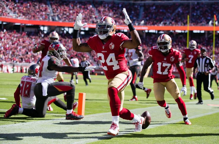 Oct 23, 2016; Santa Clara, CA, USA; San Francisco 49ers running back Shaun Draughn (24) celebrates ahead of wide receiver Jeremy Kerley (17) after scoring a touchdown against the Tampa Bay Buccaneers during the first quarter at Levi's Stadium. Mandatory Credit: Kelley L Cox-USA TODAY Sports