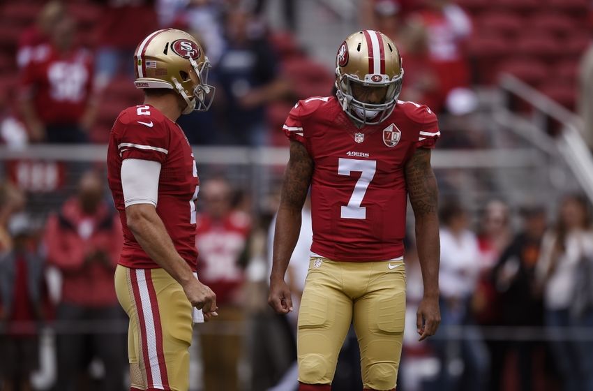 Oct 2, 2016; Santa Clara, CA, USA; San Francisco 49ers quarterback Blaine Gabbert (2) warms up with quarterback Colin Kaepernick (7) prior to the game against the Dallas Cowboys at Levi's Stadium. Mandatory Credit: Kelvin Kuo-USA TODAY Sports