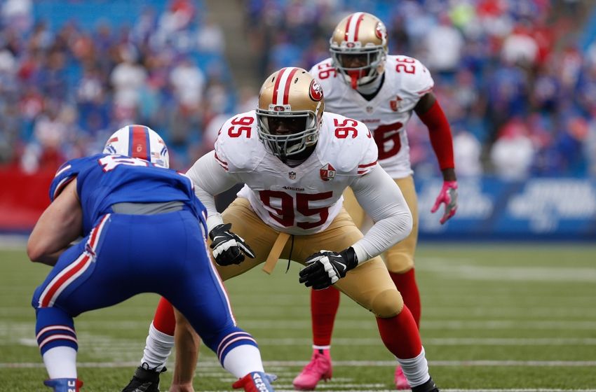 Oct 16, 2016; Orchard Park, NY, USA; San Francisco 49ers linebacker Tank Carradine (95) against the Buffalo Bills at New Era Field. Buffalo beats San Francisco 45 to 16. Mandatory Credit: Timothy T. Ludwig-USA TODAY Sports