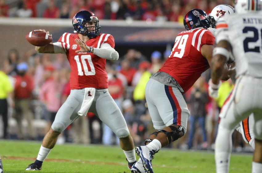 Oct 29, 2016; Oxford, MS, USA; Mississippi Rebels quarterback Chad Kelly (10) passes the ball during the first quarter of the game against the Auburn Tigers at Vaught-Hemingway Stadium. Mandatory Credit: Matt Bush-USA TODAY Sports