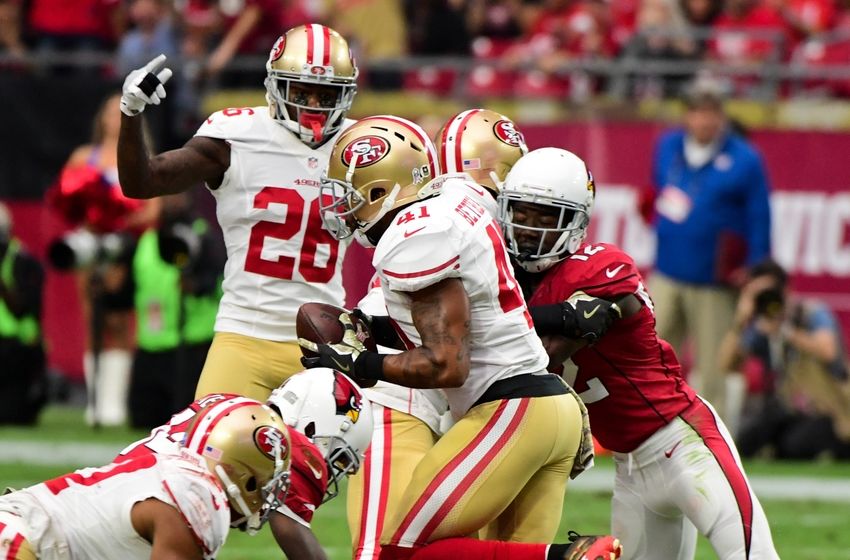 Nov 13, 2016; Glendale, AZ, USA; San Francisco 49ers safety Antoine Bethea (41) returns a fumble recovery as Arizona Cardinals wide receiver John Brown (12) defends during the first half at University of Phoenix Stadium. Mandatory Credit: Matt Kartozian-USA TODAY Sports