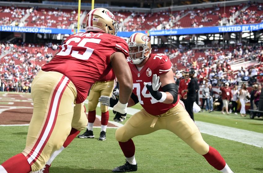 Oct 2, 2016; Santa Clara, CA, USA; San Francisco 49ers tackle Joe Staley (74) warms up with guard Joshua Garnett (65) prior to the game against the Dallas Cowboys.