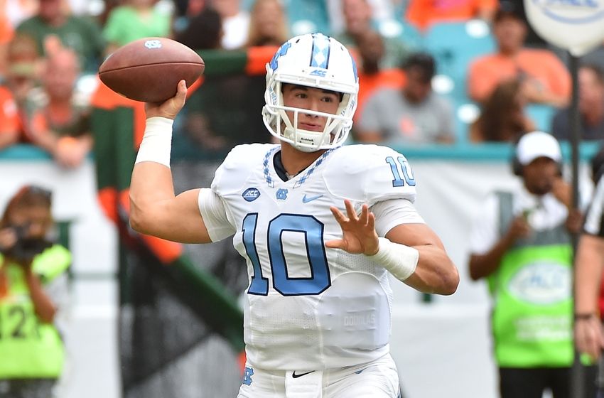 Oct 15, 2016; Miami Gardens, FL, USA; North Carolina Tar Heels quarterback Mitch Trubisky (10) attempts a pass against the Miami Hurricanes during the first half at Hard Rock Stadium. Mandatory Credit: Jasen Vinlove-USA TODAY Sports