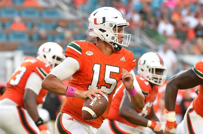 Oct 15, 2016; Miami Gardens, FL, USA; Miami Hurricanes quarterback Brad Kaaya (15) scrambles with the ball against the North Carolina Tar Heels during the second half at Hard Rock Stadium. The North Carolina Tar Heels defeat the Miami Hurricanes 20-13. Mandatory Credit: Jasen Vinlove-USA TODAY Sports