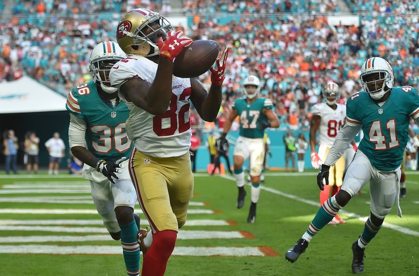 Nov 27, 2016; Miami Gardens, FL, USA; San Francisco 49ers wide receiver Torrey Smith (82) catches a pass for a touch down against the San Francisco 49ers during the second half at Hard Rock Stadium. The Miami Dolphins defeat the San Francisco 49ers 31-24. Mandatory Credit: Jasen Vinlove-USA TODAY Sports