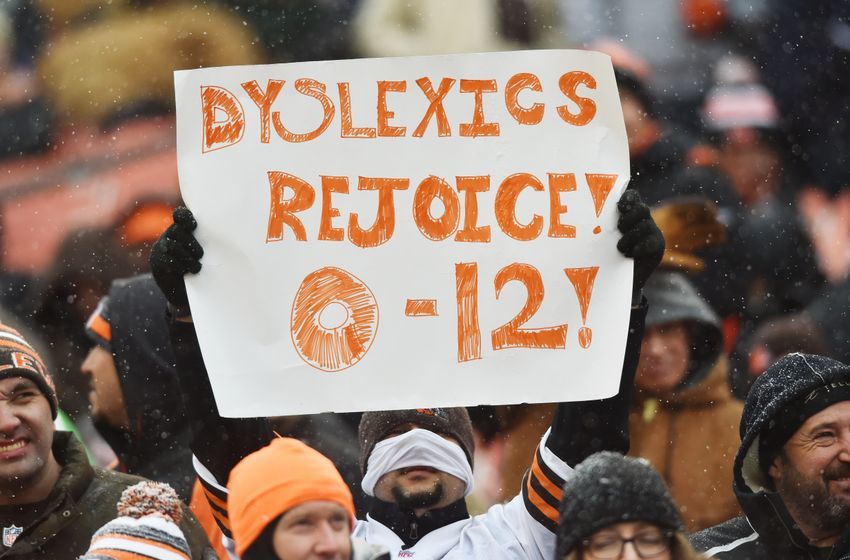 Dec 11, 2016; Cleveland, OH, USA; A Cleveland Browns fan holds a sign signifying the Browns futility during the second quarter at FirstEnergy Stadium. Mandatory Credit: Ken Blaze-USA TODAY Sports