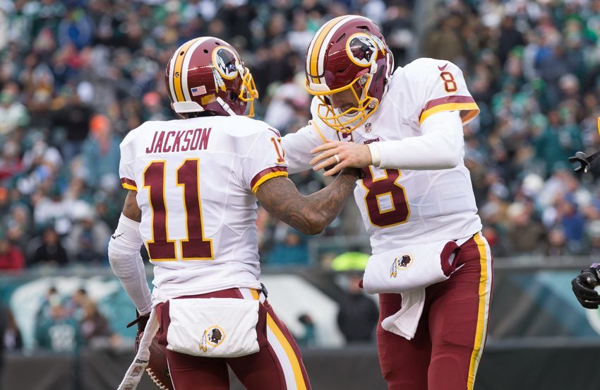 Dec 11, 2016; Philadelphia, PA, USA; Washington Redskins wide receiver DeSean Jackson (11) and quarterback Kirk Cousins (8) react after connecting on an 80 yard touchdown against the Philadelphia Eagles during the third quarter at Lincoln Financial Field. Mandatory Credit: Bill Streicher-USA TODAY Sports