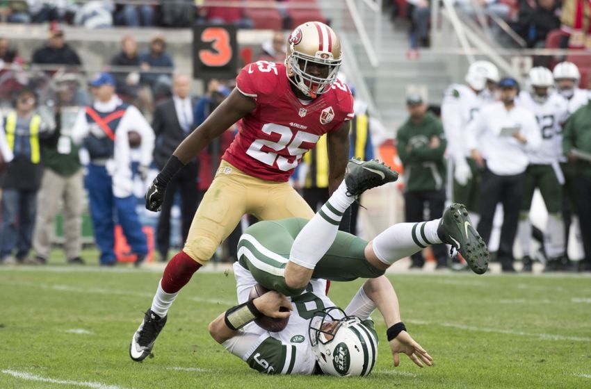 December 11, 2016; Santa Clara, CA, USA; San Francisco 49ers cornerback Jimmie Ward (25) sacks New York Jets quarterback Bryce Petty (9) during the second quarter at Levi's Stadium. Mandatory Credit: Kyle Terada-USA TODAY Sports
