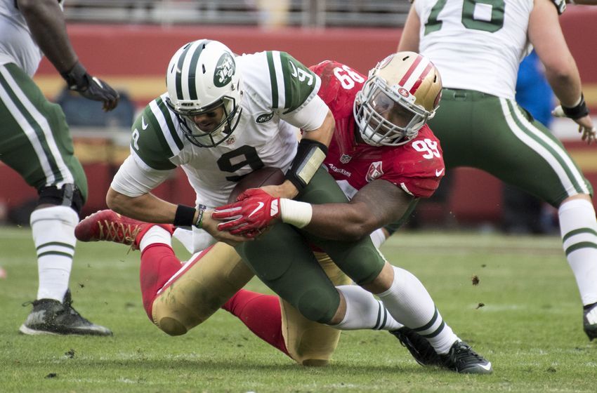 December 11, 2016; Santa Clara, CA, USA; San Francisco 49ers defensive end DeForest Buckner (99) sacks New York Jets quarterback Bryce Petty (9) during the third quarter at Levi's Stadium. The Jets defeated the 49ers 23-17 in overtime. Mandatory Credit: Kyle Terada-USA TODAY Sports