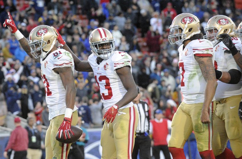December 24, 2016; Los Angeles, CA, USA; San Francisco 49ers wide receiver Rod Streater (81) celebrates with wide receiver Aaron Burbridge (13) and quarterback Colin Kaepernick (7) his touchdown scored against the Los Angeles Rams during the second half at Los Angeles Memorial Coliseum. Mandatory Credit: Gary A. Vasquez-USA TODAY Sports