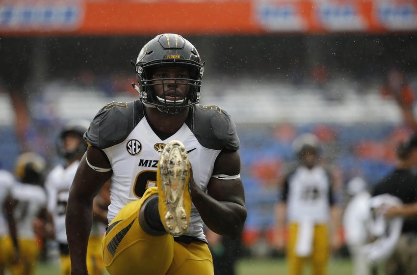 Oct 15, 2016; Gainesville, FL, USA;Missouri Tigers defensive end Charles Harris (91) works out prior to the game against the Florida Gators at Ben Hill Griffin Stadium. Mandatory Credit: Kim Klement-USA TODAY Sports
