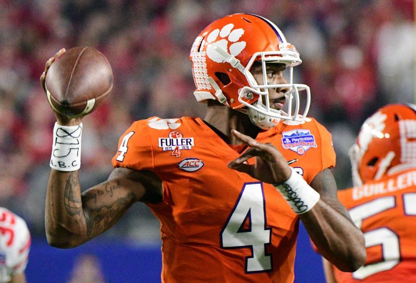 Dec 31, 2016; Glendale, AZ, USA; Clemson Tigers quarterback Deshaun Watson (4) throws the ball against the Ohio State Buckeyes during the second quarter in the 2016 CFP semifinal at University of Phoenix Stadium. Mandatory Credit: Matt Kartozian-USA TODAY Sports