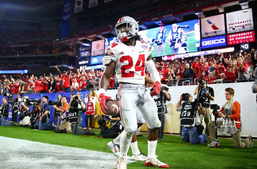 December 31, 2016; Glendale, AZ, USA; Ohio State Buckeyes safety Malik Hooker (24) celebrates after intercepting a pass against the Clemson Tigers during the first half of the the 2016 CFP semifinal at University of Phoenix Stadium. Mandatory Credit: Mark J. Rebilas-USA TODAY Sports