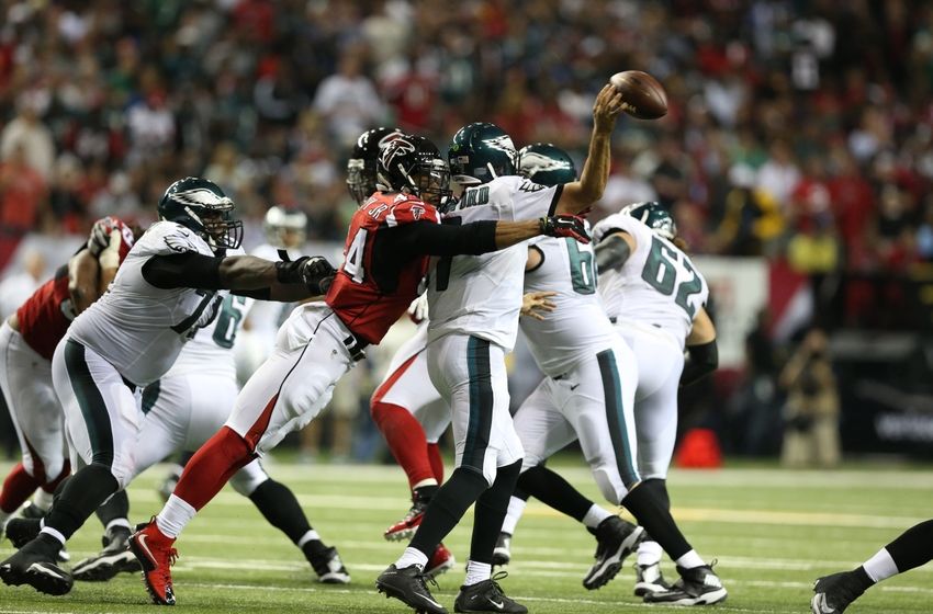 Sep 14, 2015; Atlanta, GA, USA; Atlanta Falcons linebacker Vic Beasley (44) hits Philadelphia Eagles quarterback Sam Bradford (7) as he releases the ball int he second quarter at the Georgia Dome. Mandatory Credit: Jason Getz-USA TODAY Sports