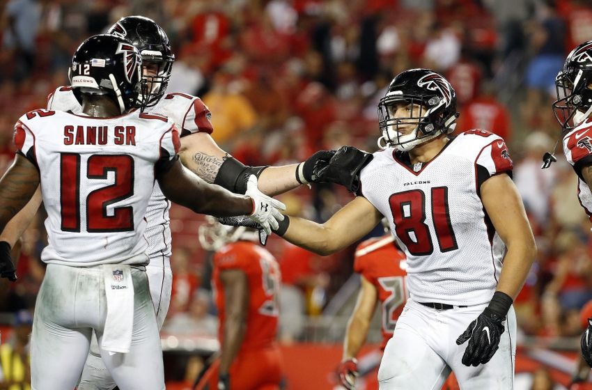 Nov 3, 2016; Tampa, FL, USA; Atlanta Falcons tight end Austin Hooper (81) is congratulated after he scored a goal against the Tampa Bay Buccaneers during the second half at Raymond James Stadium. Atlanta Falcons defeated the Tampa Bay Buccaneers 43-28. Mandatory Credit: Kim Klement-USA TODAY Sports