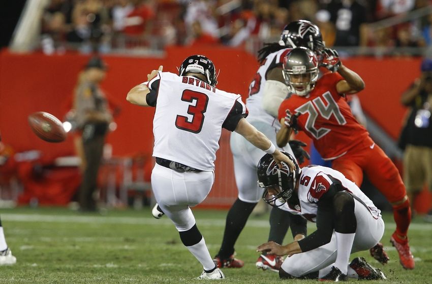 Nov 3, 2016; Tampa, FL, USA; Atlanta Falcons kicker Matt Bryant (3) kicks a 50 yard field goal as punter Matt Bosher (5) holds during the second half of a football game at Raymond James Stadium. The Falcons won 43-28. Mandatory Credit: Reinhold Matay-USA TODAY Sports