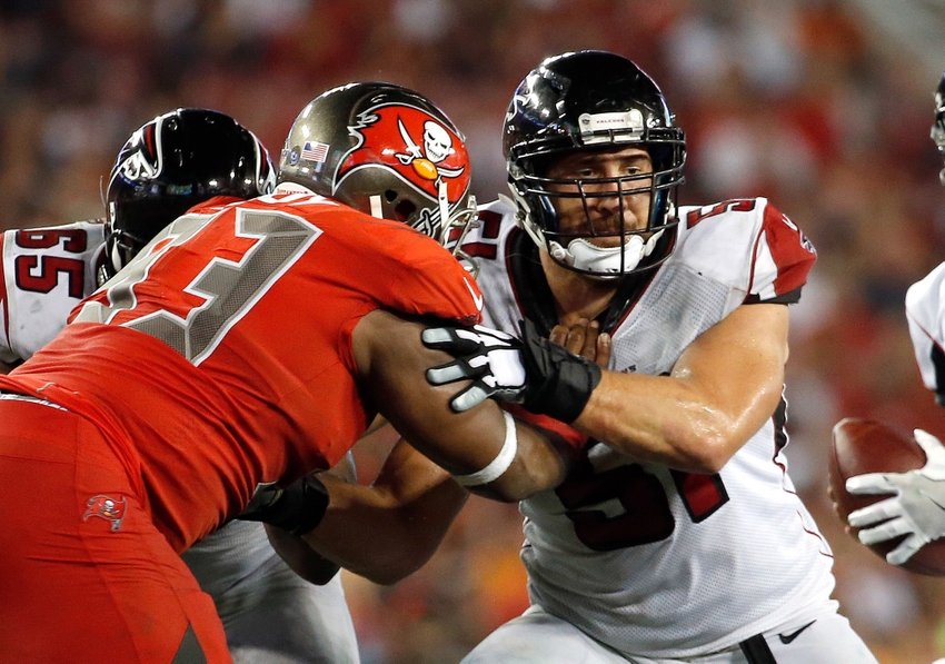 Nov 3, 2016; Tampa, FL, USA; Atlanta Falcons center Alex Mack (51) blocks as Tampa Bay Buccaneers defensive tackle Gerald McCoy (93) rushes during the second half at Raymond James Stadium. Atlanta Falcons defeated the Tampa Bay Buccaneers 43-28. Mandatory Credit: Kim Klement-USA TODAY Sports