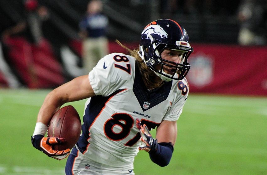 Sep 1, 2016; Glendale, AZ, USA; Denver Broncos wide receiver Jordan Taylor (87) carries the ball for a 57 yard touchdown during the first half against the Arizona Cardinals at University of Phoenix Stadium. Mandatory Credit: Matt Kartozian-USA TODAY Sports