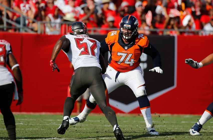 Oct 2, 2016; Tampa, FL, USA; Denver Broncos offensive tackle Ty Sambrailo (74) blocks as Tampa Bay Buccaneers defensive end Noah Spence (57) rushes during the first half at Raymond James Stadium. Mandatory Credit: Kim Klement-USA TODAY Sports