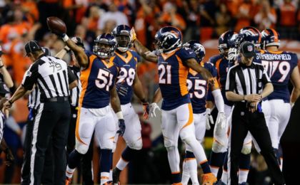 Oct 24, 2016; Denver, CO, USA; Denver Broncos inside linebacker Todd Davis (51) celebrates with cornerback Aqib Talib (21) after recovering a fumble in the third quarter against the Houston Texans at Sports Authority Field at Mile High. Mandatory Credit: Isaiah J. Downing-USA TODAY Sports