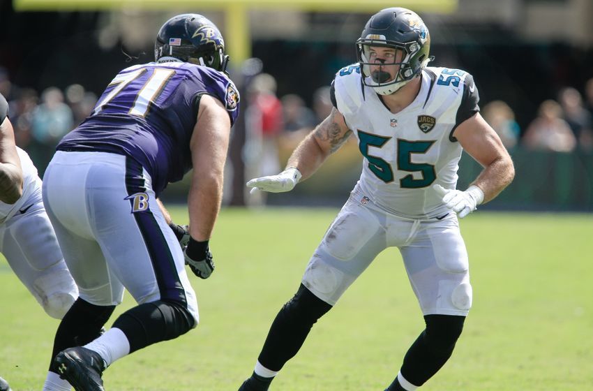 Sep 25, 2016; Jacksonville, FL, USA; Baltimore Ravens tackle Ricky Wagner (71) blocks Jacksonville Jaguars outside linebacker Dan Skuta (55) during the second half of a football game at EverBank FieldThe Baltimore Ravens won 19-17. Mandatory Credit: Reinhold Matay-USA TODAY Sports