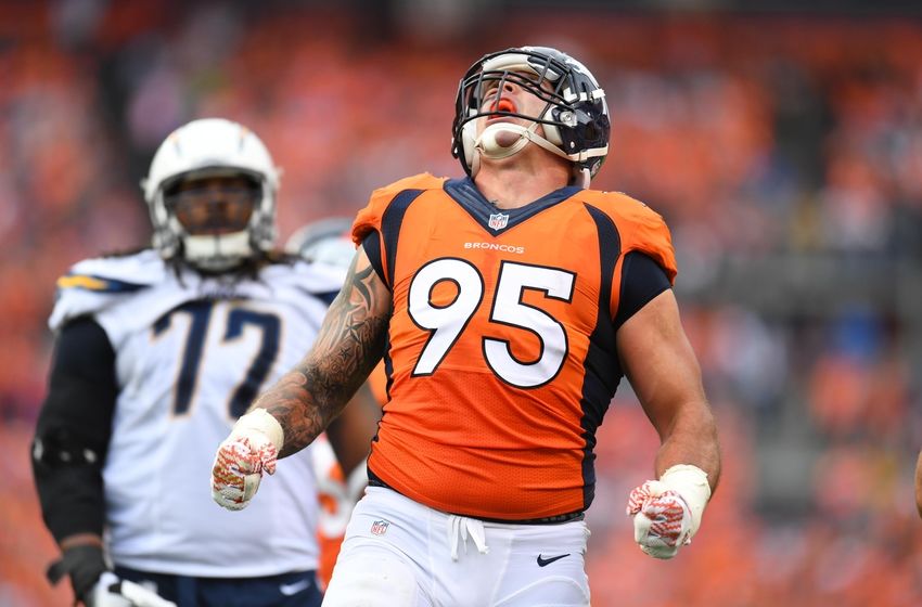Oct 30, 2016; Denver, CO, USA; Denver Broncos defensive end Derek Wolfe (95) reacts during the second quarter against the San Diego Chargers at Sports Authority Field at Mile High. Mandatory Credit: Ron Chenoy-USA TODAY Sports