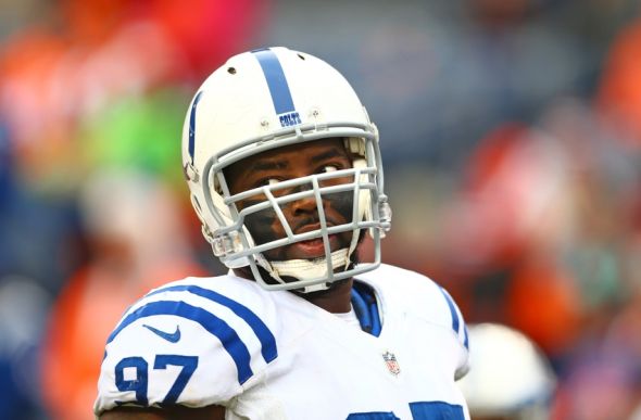 Jan 11, 2015; Denver, CO, USA; Indianapolis Colts defensive end Arthur Jones (97) against the Denver Broncos in the 2014 AFC Divisional playoff football game at Sports Authority Field at Mile High. The Colts defeated the Broncos 24-13. Mandatory Credit: Mark J. Rebilas-USA TODAY Sports
