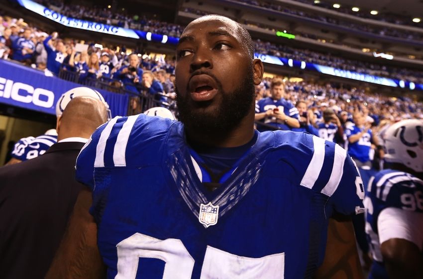Jan 4, 2015; Indianapolis, IN, USA; Indianapolis Colts defensive end Arthur Jones (97) against the Cincinnati Bengals during the 2014 AFC Wild Card playoff football game at Lucas Oil Stadium. Mandatory Credit: Andrew Weber-USA TODAY Sports
