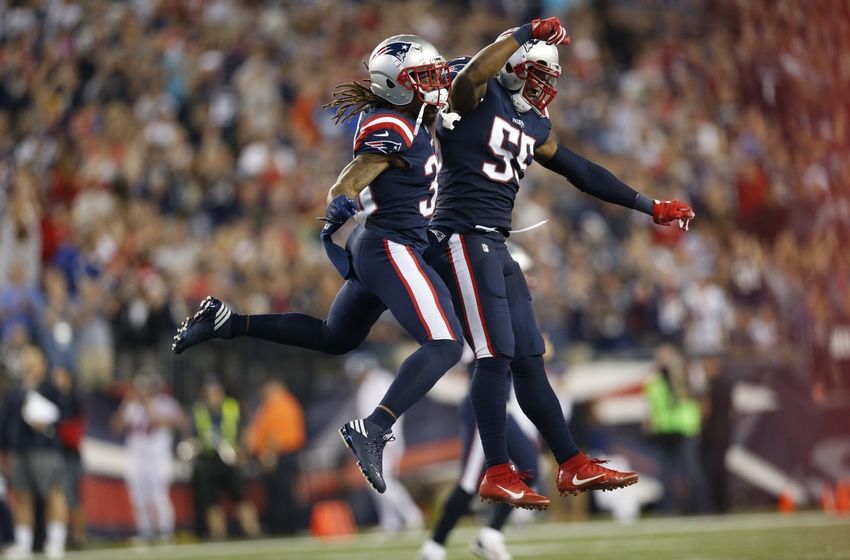 Sep 22, 2016; Foxborough, MA, USA; New England Patriots running back Brandon Bolden (38) and line backer Jonathan Freeny (55) celebrate a fumble recovery during the third quarter against the Houston Texans at Gillette Stadium. Mandatory Credit: Greg M. Cooper-USA TODAY Sports