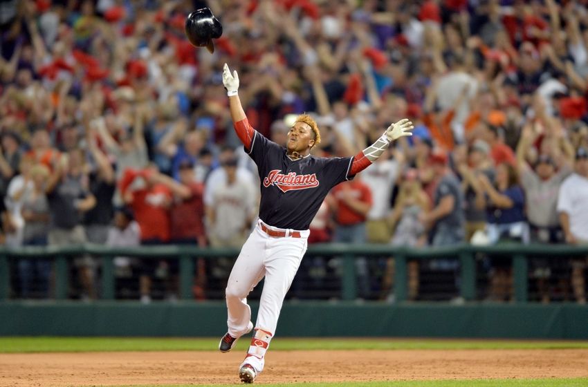 Sep 17, 2016; Cleveland, OH, USA; Cleveland Indians third baseman Jose Ramirez (11) celebrates after hitting a game-winning single during the tenth inning against the Detroit Tigers at Progressive Field. The Indians won 1-0. Mandatory Credit: Ken Blaze-USA TODAY Sports