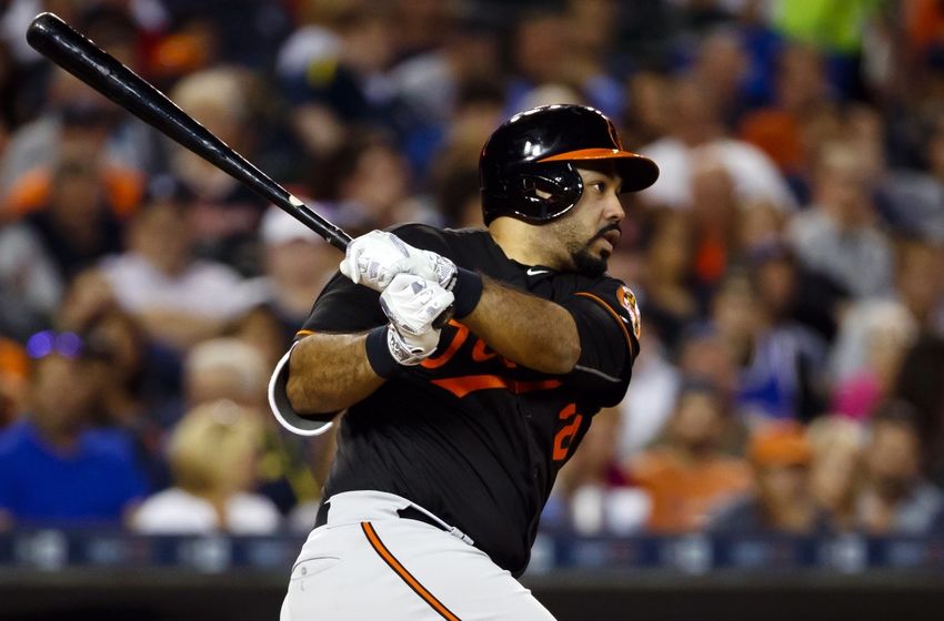 Sep 9, 2016; Detroit, MI, USA; Baltimore Orioles designated hitter Pedro Alvarez (24) hits a double in the fifth inning against the Detroit Tigers at Comerica Park. Mandatory Credit: Rick Osentoski-USA TODAY Sports