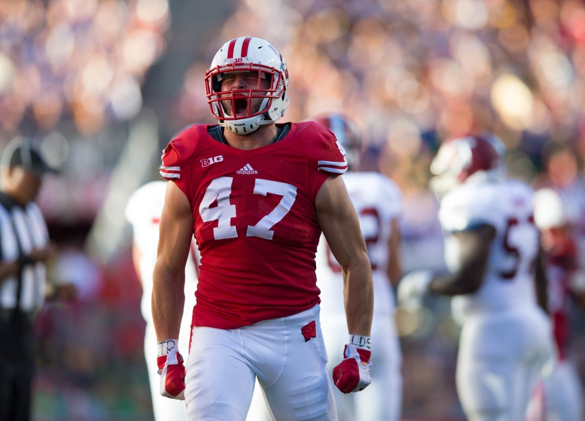 Wisconsin Badgers linebacker Vince Biegel (47) during the game against the Troy Trojans at Camp Randall Stadium. Wisconsin won 28-3. Mandatory Credit: Jeff Hanisch-USA TODAY Sports