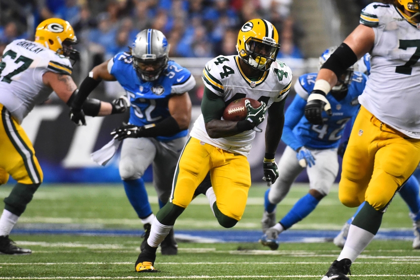 Dec 3, 2015; Detroit, MI, USA; Green Bay Packers running back James Starks (44) runs the ball during the third quarter against the Detroit Lions at Ford Field. Tim Fuller-USA TODAY Sports