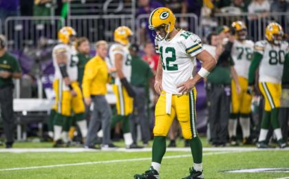 Sep 18, 2016; Minneapolis, MN, USA; Green Bay Packers quarterback Aaron Rodgers (12) reacts during the third quarter against the Minnesota Vikings at U.S. Bank Stadium. The Vikings defeated the Packers 17-14. Brace Hemmelgarn-USA TODAY Sports