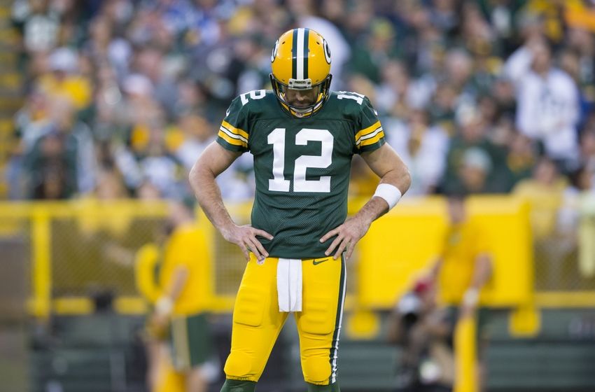 Nov 6, 2016; Green Bay, WI, USA; Green Bay Packers quarterback Aaron Rodgers (12) reacts following a play during the second quarter against the Indianapolis Colts at Lambeau Field. Mandatory Credit: Jeff Hanisch-USA TODAY Sports