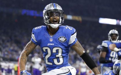 Nov 24, 2016; Detroit, MI, USA; Detroit Lions cornerback Darius Slay (23) celebrates after making an interception during the fourth quarter against the Minnesota Vikings at Ford Field. Lions win 16-13. Mandatory Credit: Raj Mehta-USA TODAY Sports