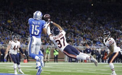 Dec 11, 2016; Detroit, MI, USA; Chicago Bears cornerback Bryce Callahan (37) deflects the ball before it gets to Detroit Lions wide receiver Golden Tate (15) during the fourth quarter at Ford Field. Lions win 20-17. Mandatory Credit: Raj Mehta-USA TODAY Sports