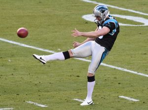 Feb 7, 2016; Santa Clara, CA, USA; Carolina Panthers punter Brad Nortman (8) kicks the ball during the first quarter against the Denver Broncos in Super Bowl 50 at Levi