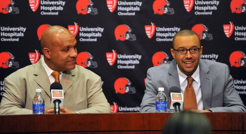 Jan 13, 2016; Berea, OH, USA; Cleveland Browns new head coach Hue Jackson (left) and Vice President of Football Operations Sashi Brown talk during a press conference at the Cleveland Browns training facility. Mandatory Credit: Ken Blaze-USA TODAY Sports